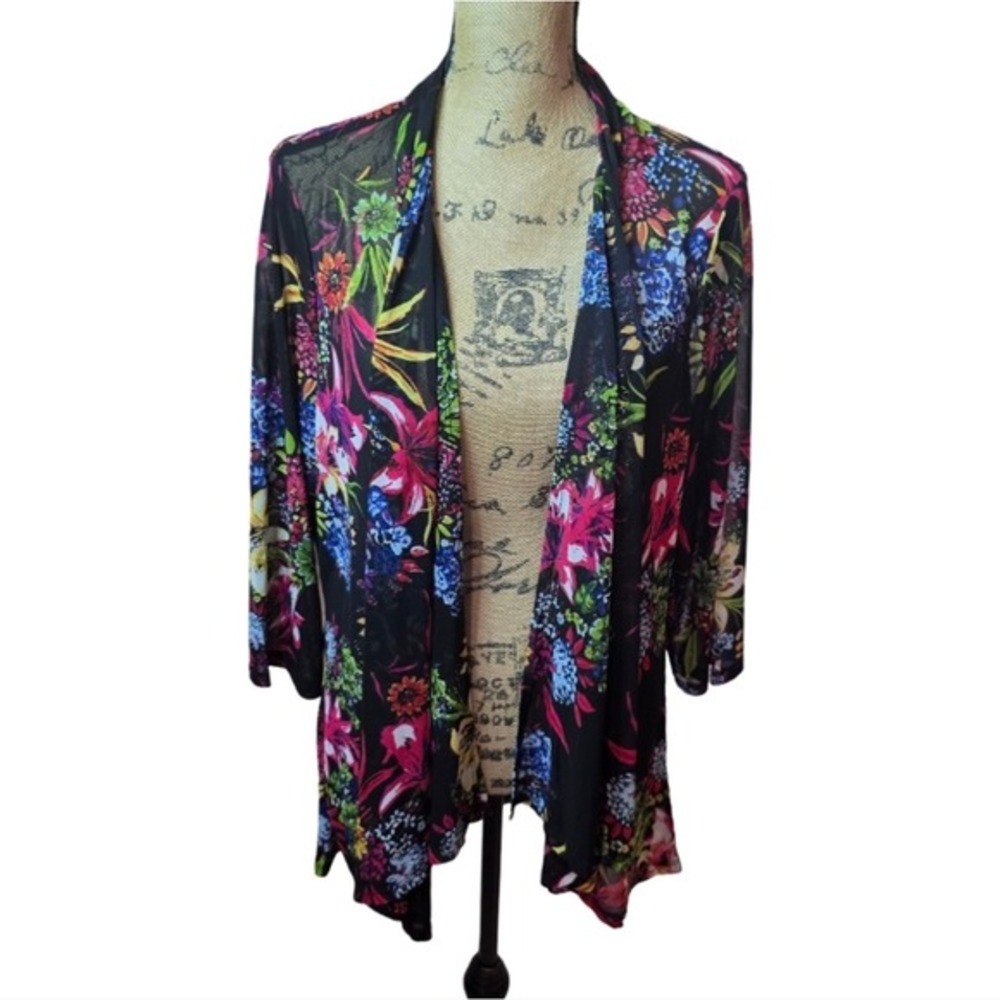 Zero 2 Eight Floral Mesh Open Front Cardigan Black Multi 3 Cover up Kimono‎ 2X
